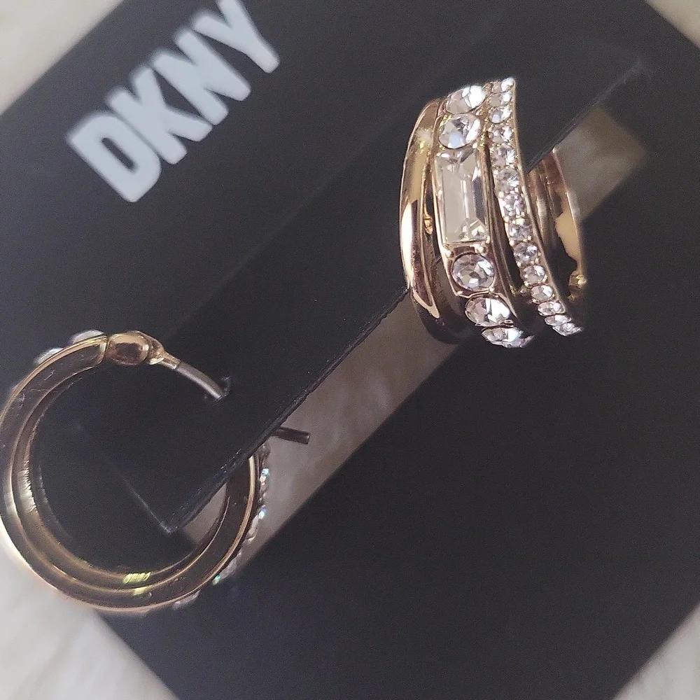 DKNY Gold With Crystal Hoop Earrings - Picture 3 of 4
